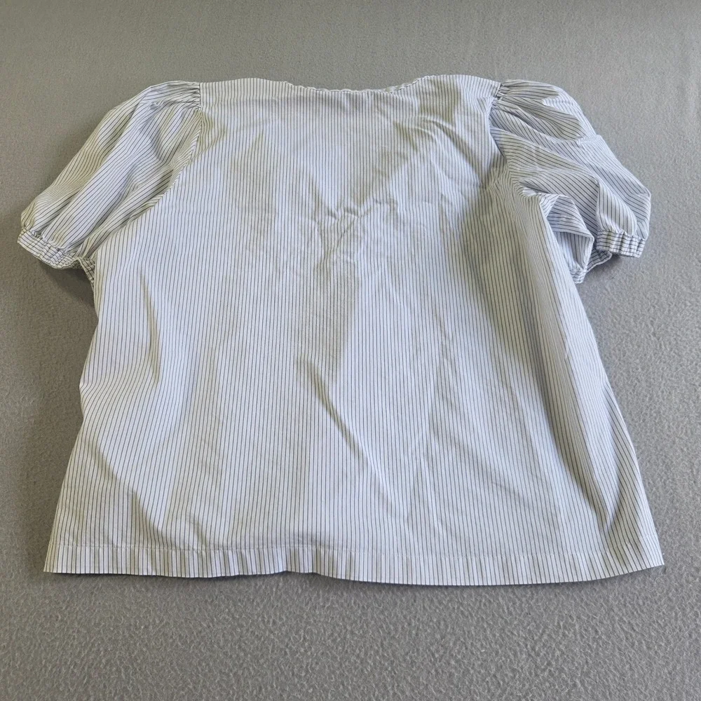 Banana‎ Republic Blouse Women XL White Blue Pinstripe Puff Sleeve Split Neck Top